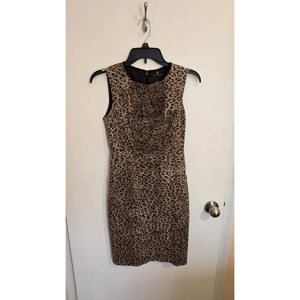 Elie Tahari Size 0 Leopard Print Sheath Dress Ruffle Sleeveless Lined Career